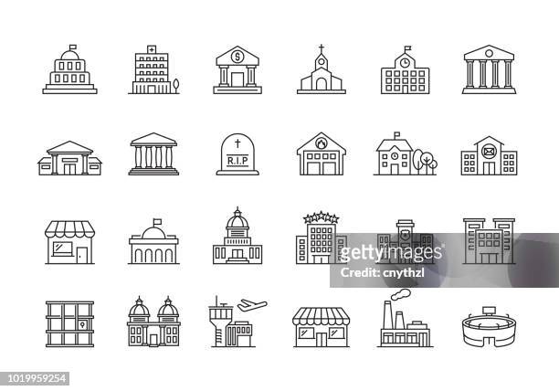 illustrazioni stock, clip art, cartoni animati e icone di tendenza di set di icone della linea edifici pubblici - governo