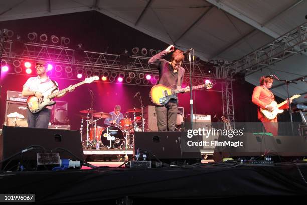 Tim Nordwind, Dan Konopka, Damian Kulash and Andy Ross of OK Go perform onstage during Bonnaroo 2010 at The Other Tent on June 11, 2010 in...