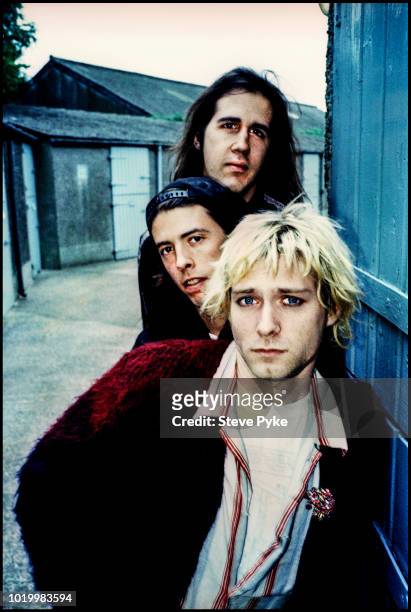 American rock group Nirvana, Belfast, 1992; from front: singer and guitarist Kurt Cobain , drummer Dave Grohl and bassist Krist Novoselic.