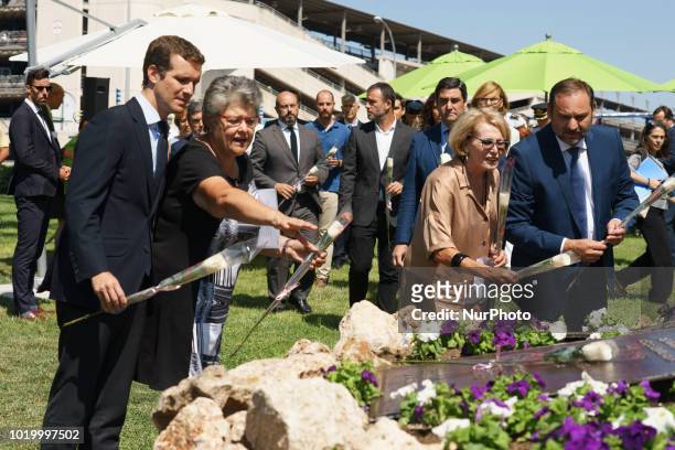 Pablo Casado attends the tribute to the victims in front of a commemorative monument during a ceremony to mark the 10th anniversary of the Spanair...