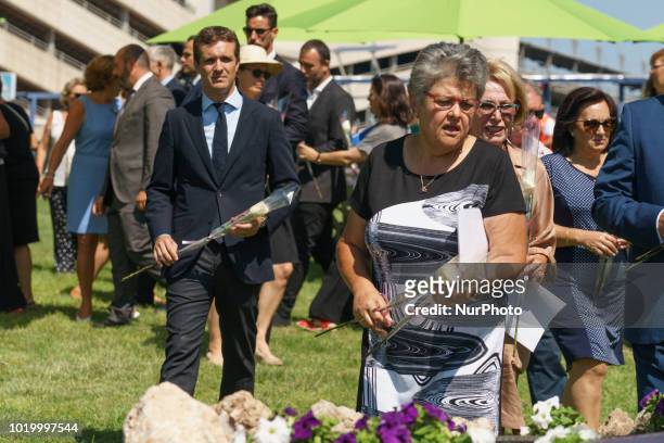 Pablo Casado attends the tribute to the victims in front of a commemorative monument during a ceremony to mark the 10th anniversary of the Spanair...