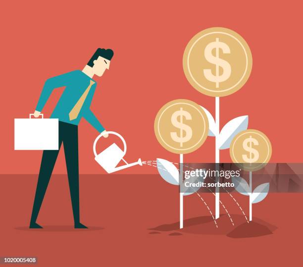 businessman watering dollar plant - man doing yard work stock illustrations