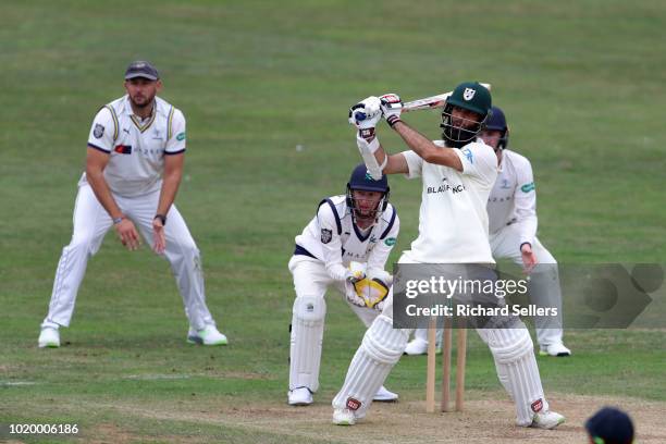 Worcestershire's Moeen Ali hits a four during day two of the Specsavers Championship Division One match between Yorkshire and Worcestershire at North...