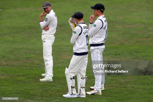 Yorkshire's Adam Lyth, Jonathan Tattersall and Tom Kohler Cadmore look on during day two of the Specsavers Championship Division One match between...