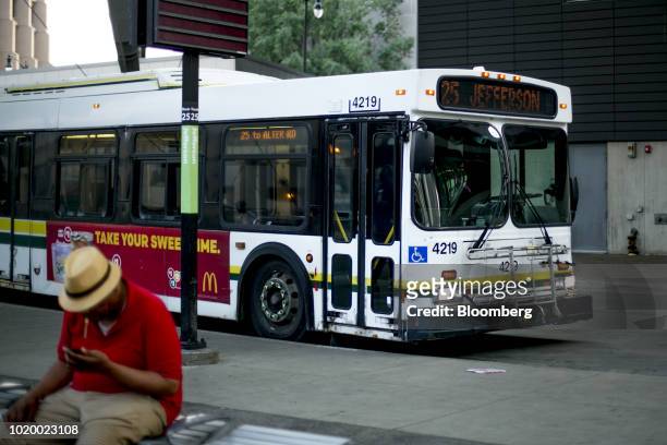 Detroit Department of Transportation bus sits stopped at the Jefferson bus stop in Detroit, Michigan, U.S., on Tuesday, Aug. 14, 2018. Detroit ranks...