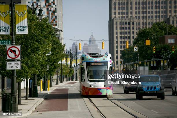 QLine streetcar travels along Woodward Avenue in Detroit, Michigan, U.S., on Tuesday, Aug. 14, 2018. Detroit ranks in the top 7 percent for traffic...