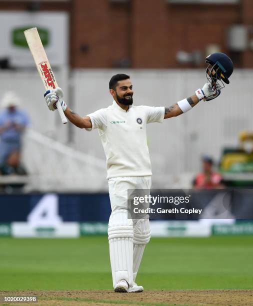 India captain Virat Kohli celebrates reaching his century during day three of the Specsavers 3rd Test match between England and India at Trent Bridge...