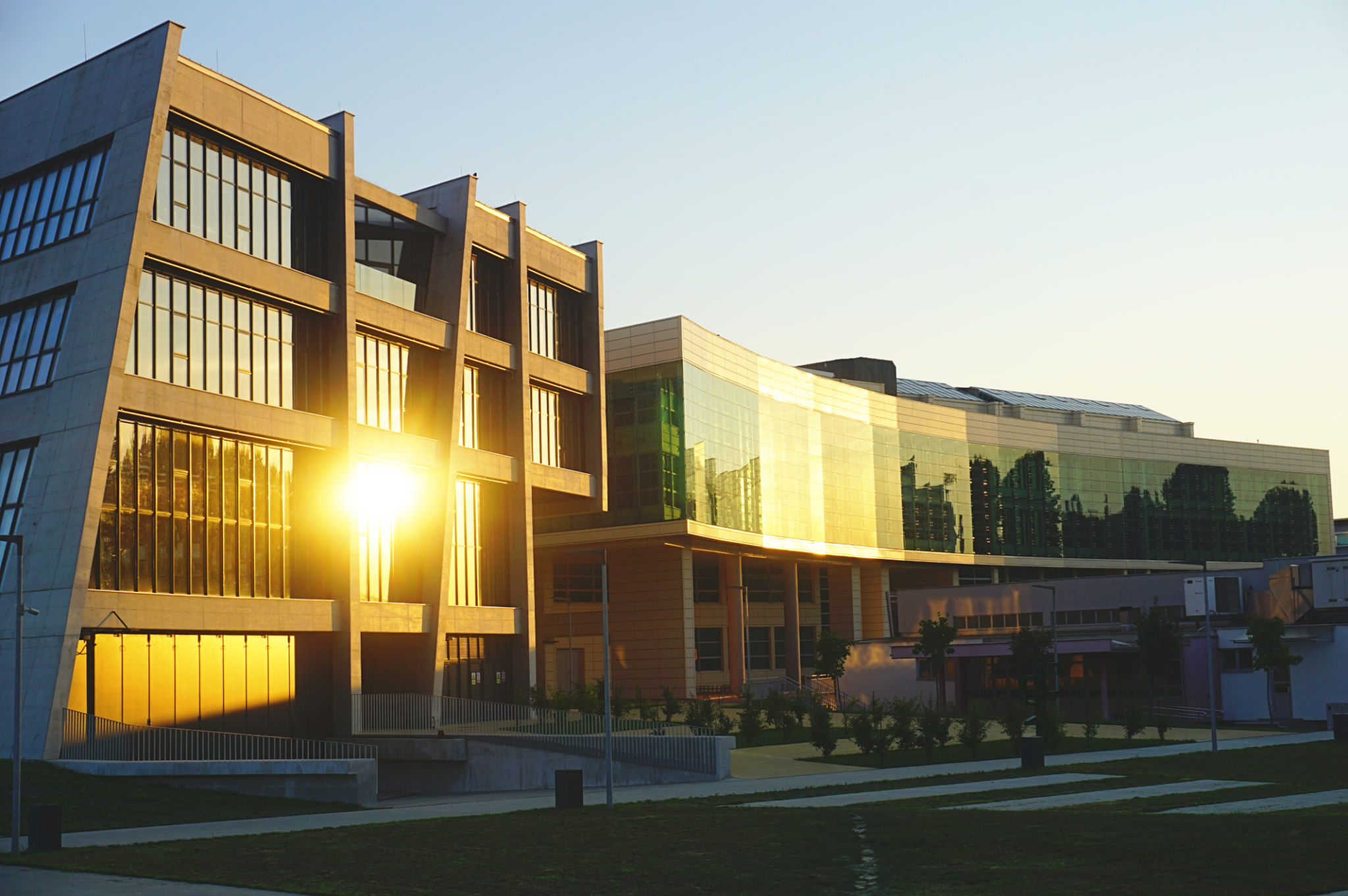 A university campus in the town of Osijek in Croatia. Buildings of the Faculty of Civil Engineering and Agriculture, which are flooded with the sun in the fall A university campus in the town of Osijek in Croatia. Buildings of the Faculty of Civil Engineering and Agriculture, which are flooded with the sun in the fall
