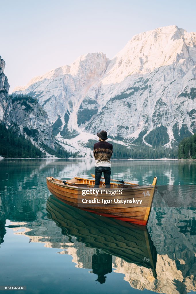 Rear view of a man in a rowing boat