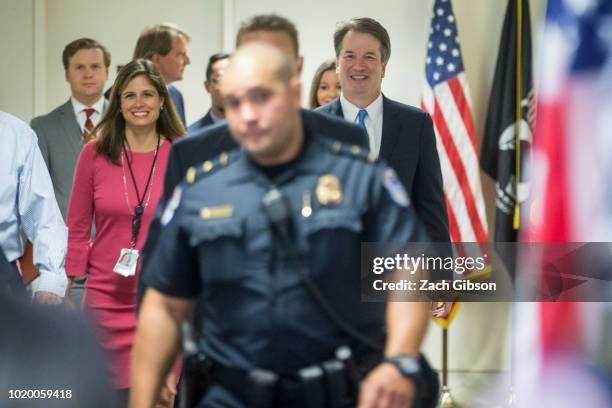 Supreme Court Justice nominee Judge Brett Kavanaugh walks to a meeting with Sen. Dianne Feinstein on Capitol Hill on August 20, 2018 in Washington,...