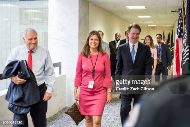 Supreme Court Justice nominee Judge Brett Kavanaugh walks to a meeting with Sen. Dianne Feinstein on Capitol Hill on August 20, 2018 in Washington,...