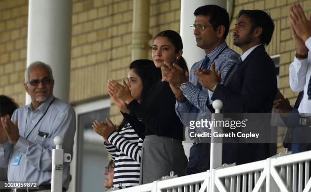 Anushka Sharma wife of India captain Virat Kohli applauds his husband during day three of the Specsavers 3rd Test match between England and India at...