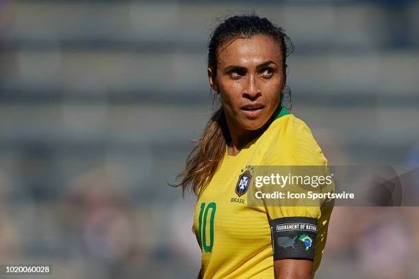 Brazil forward Marta looks on in game action during a Tournament of Nations match between Brazil vs Australia on July 26, 2018 at Children's Mercy...