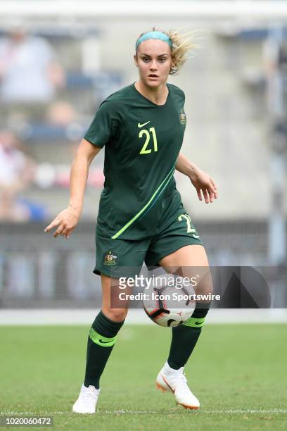 Australia defender Ellie Carpenter dribbles the ball in game action during a Tournament of Nations match between Brazil vs Australia on July 26, 2018...