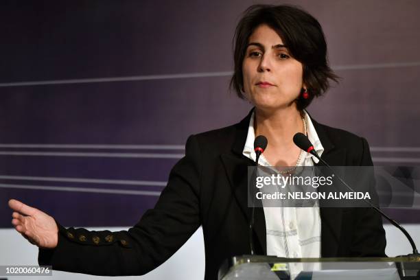 The vice-presidential candidate for the Workers Party Manuela D'Avila, of the Brazil's Communist Party , speaks during an infrastructure forum in Sao...