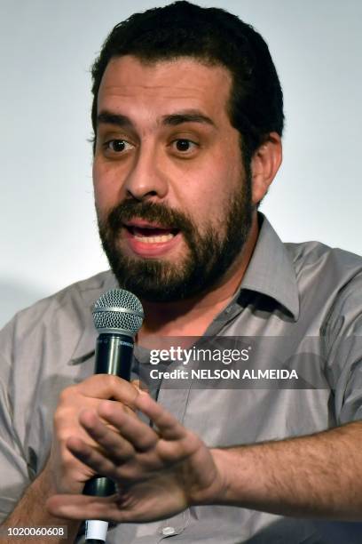 Brazilian presidential candidate for the Socialism and Freedom Party Guilherme Boulos speaks during an infrastructure forum in Sao Paulo, Brazil, on...