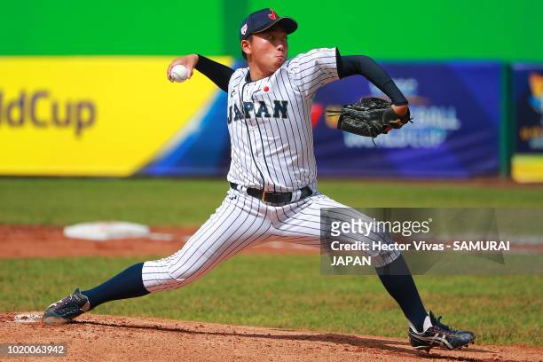 Sota Hinoue of Japan pitches in the 1st inning during the WBSC U-15 World Cup Super Round match between Chinese Taipei and Japan at Estadio Kenny...