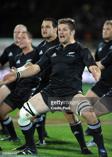 Richie McCaw of the All Blacks performs the Haka before the International rugby test match between the New Zealand All Blacks and Ireland at Yarrow...