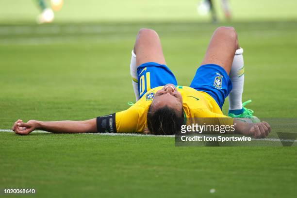 Brazil forward Marta reacts on the field after missing a shot on goal in game action during a Tournament of Nations match between Brazil vs Australia...