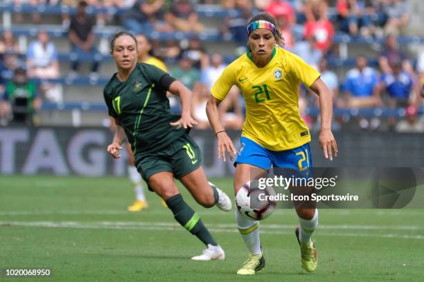 Brazil defender Monica dribbles the ball in game action during a Tournament of Nations match between Brazil vs Australia on July 26, 2018 at...