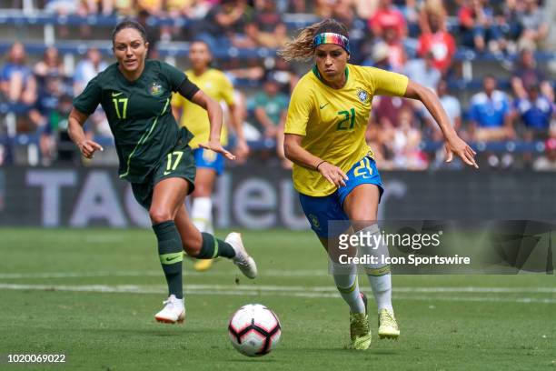 Brazil defender Monica dribbles the ball in game action during a Tournament of Nations match between Brazil vs Australia on July 26, 2018 at...