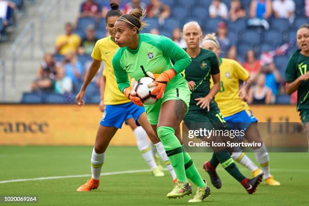 Brazil goalkeeper Barbara runs with the ball in game action during a Tournament of Nations match between Brazil vs Australia on July 26, 2018 at...