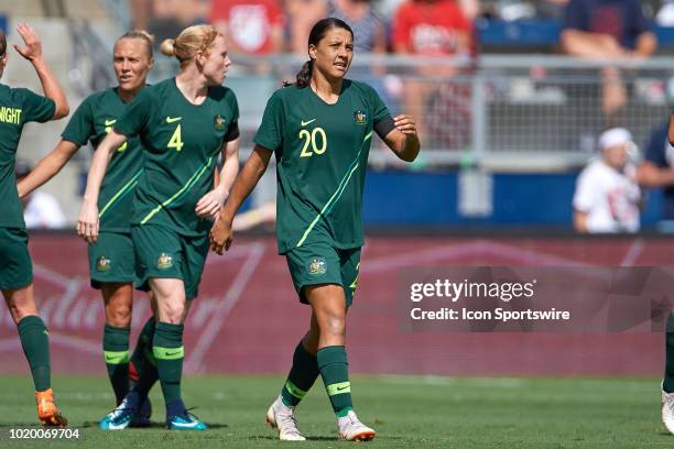 Australia forward Sam Kerr reacts after scoring a goal in game action during a Tournament of Nations match between Brazil vs Australia on July 26,...