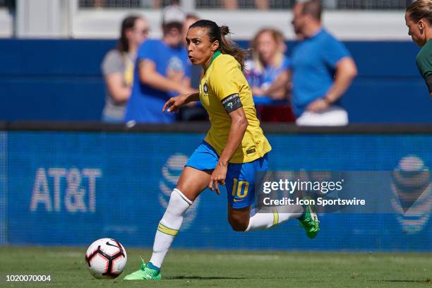 Brazil forward Marta dribbles the ball in game action during a Tournament of Nations match between Brazil vs Australia on July 26, 2018 at Children's...