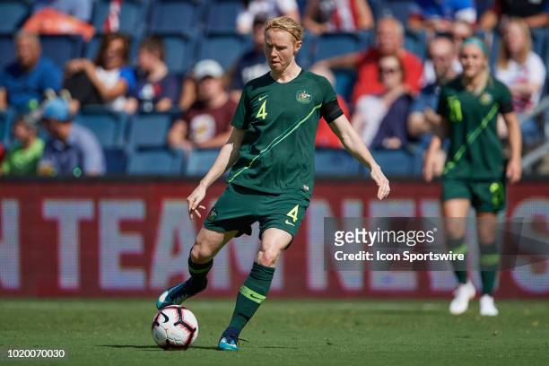 Australia defender Clare Polkinghorne kicks the ball in game action during a Tournament of Nations match between Brazil vs Australia on July 26, 2018...