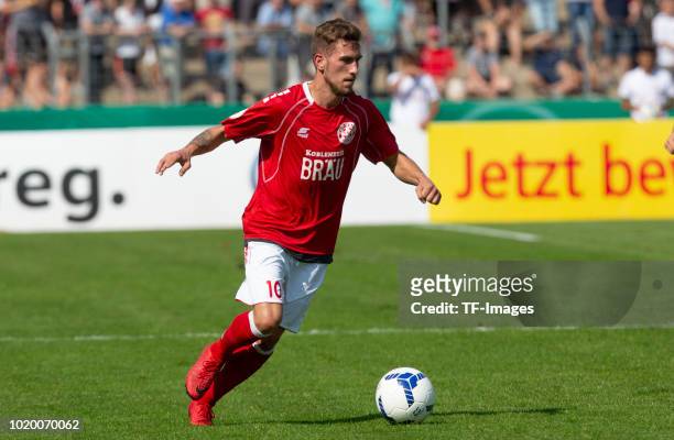 Hendrik Hillen of RW Koblenz controls the ball during the DFB Cup first round match between TuS RW Koblenz and Fortuna Duesseldorf at Stadion...