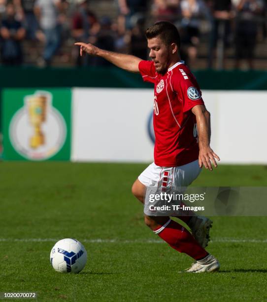 Armin Jusufi of RW Koblenz controls the ball during the DFB Cup first round match between TuS RW Koblenz and Fortuna Duesseldorf at Stadion Oberwerth...