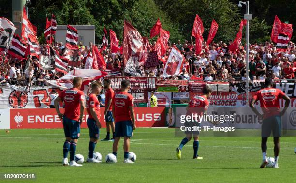 Supporters of Duesseldorf are seen during the DFB Cup first round match between TuS RW Koblenz and Fortuna Duesseldorf at Stadion Oberwerth on August...