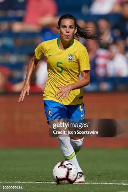 Brazil midfielder Thaisa dribbles the ball in game action during a Tournament of Nations match between Brazil vs Australia on July 26, 2018 at...