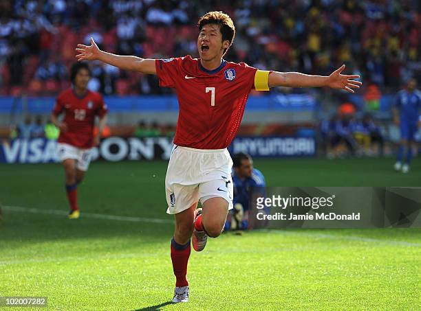Park Ji-Sung of South Korea celebrates scoring the second goal during the 2010 FIFA World Cup South Africa Group B match between South Korea and...
