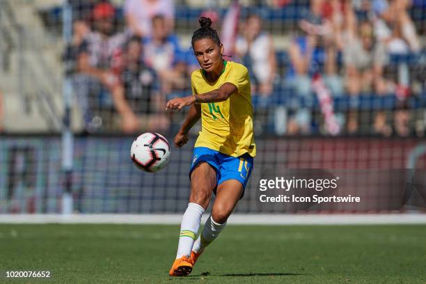 Brazil defender Poliana kicks the ball in game action during a Tournament of Nations match between Brazil vs Australia on July 26, 2018 at Children's...