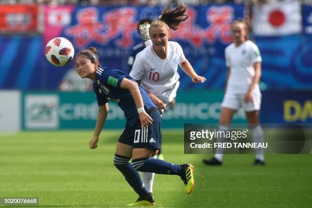 England's midfielder Georgia Stanway vies with Japan's midfielder Fuka Nagano during the Women's U20 World Cup semi-final football match between...