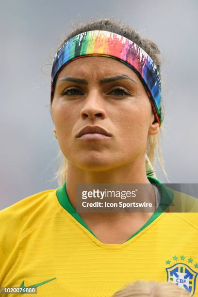 Brazil defender Monica looks on during the national anthem prior to the start of game action during a Tournament of Nations match between Brazil vs...