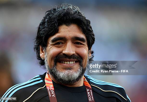 Diego Maradona head coach of Argentina smiles prior to the 2010 FIFA World Cup South Africa Group B match between Argentina and Nigeria at Ellis Park...