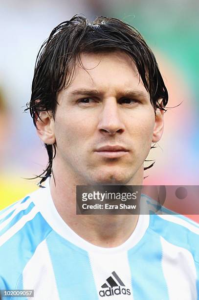Lionel Messi of Argentina ahead of the 2010 FIFA World Cup South Africa Group B match between Argentina and Nigeria at Ellis Park Stadium on June 12,...