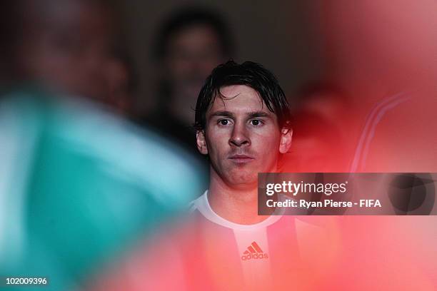 Lionel Messi of Argentina in pictured in the tunnel prior to the 2010 FIFA World Cup South Africa Group B match between Argentina and Nigeria at...