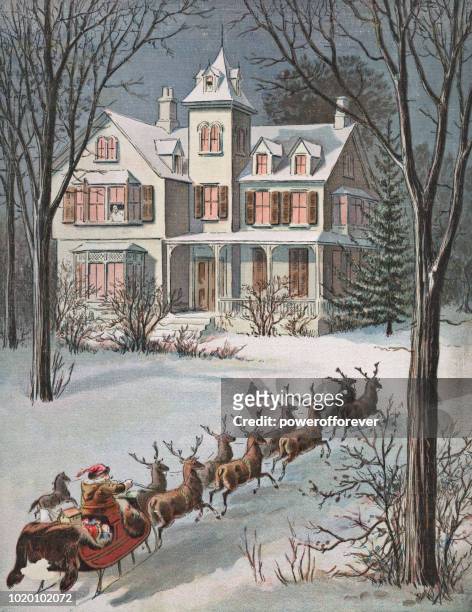 vintage santa claus and reindeer at a house on christmas - old fashioned santa stock illustrations