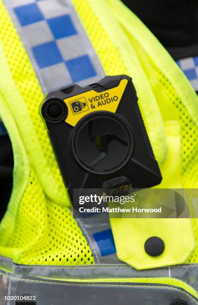Closeup picture of a body worn wearable camera seen being worn by a police officer on August 15, 2018 in Bargoed, United Kingdom.