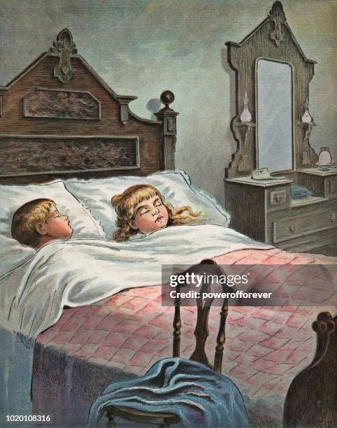 vintage children snug in their bed on christmas - boys bedroom stock illustrations