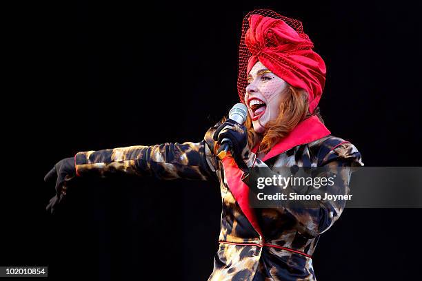 Paloma Faith performs on the main stage during day two of the Isle of Wight Festival 2010 at Seaclose Park on June 12, 2010 in Newport, Isle of...