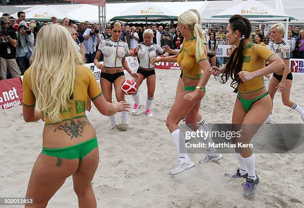 Girls of team Germany and Australia in action during a sexy soccer match between Visit-X Camgirls and Blue Movie All Stars at Traumstrand on June 12,...