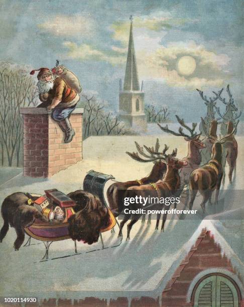 vintage santa claus going down the chimney - archival christmas stock illustrations