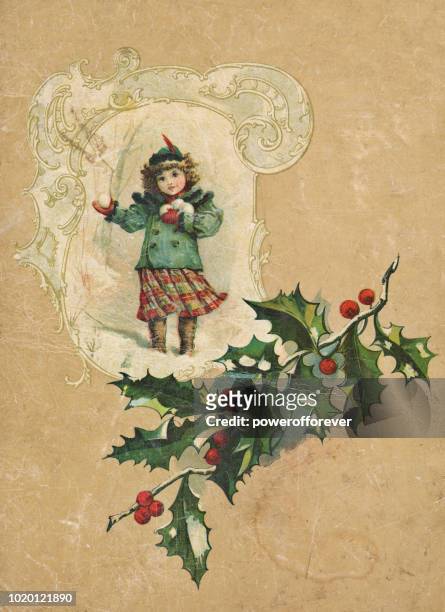 vintage little girl with snowballs and christmas decorations - archival christmas stock illustrations