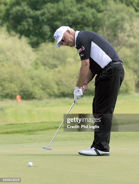 Sandy Lyle of Scotland in action during the second round of the Handa Irish Senior Open presented by Borde Failte, played at the Montgomerie Course,...