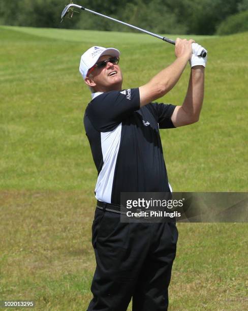Sandy Lyle of Scotland in action during the second round of the Handa Irish Senior Open presented by Borde Failte, played at the Montgomerie Course,...