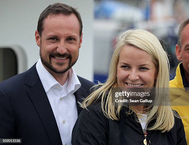Princess Mette-Marit of Norway and Prince Haakon of Norway return from a boat trip to see nearby chalk cliffs in the Baltic Sea on June 12, 2010 in...